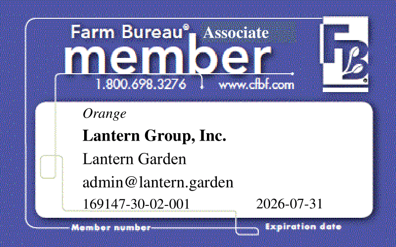 Lantern Garden Orange County Farm Bureau Business Associate membership ID card